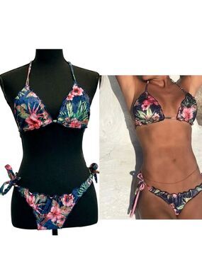 MIACONFITURA Floral velvet velour tropical Scrunched bum Bikini Sz S
